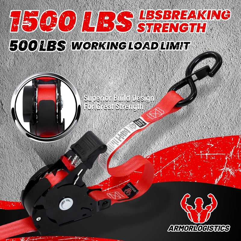 ARMORLOGISTICS Retractable Ratchet Straps 4 Pack, 1 in x 12 FT Auto Ratchet Straps for Motorcycle, Kayak and Trucks, Breaking Strength 1,500LBS/500LBS Working Load Limit Red - Image 2